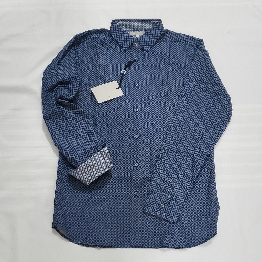 NWT Ted Baker London Mens Geo Print Button Down Shirt Navy